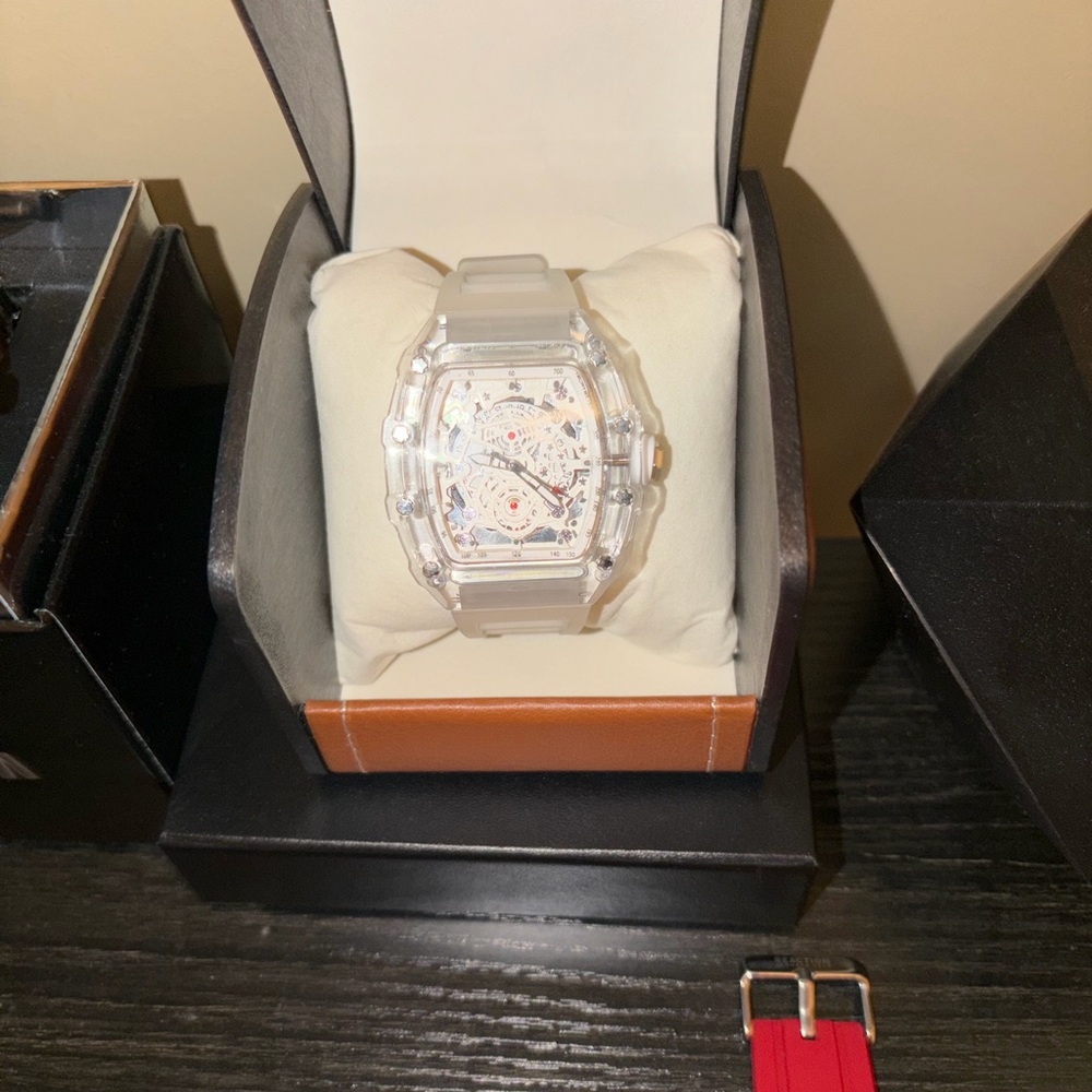 Transparent Watch with White and Red Accents